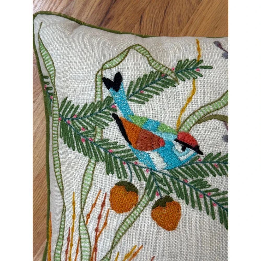 Set of 4 Vintage Crewel Embroidered Throw Pillows Birds Florals Cottagecore